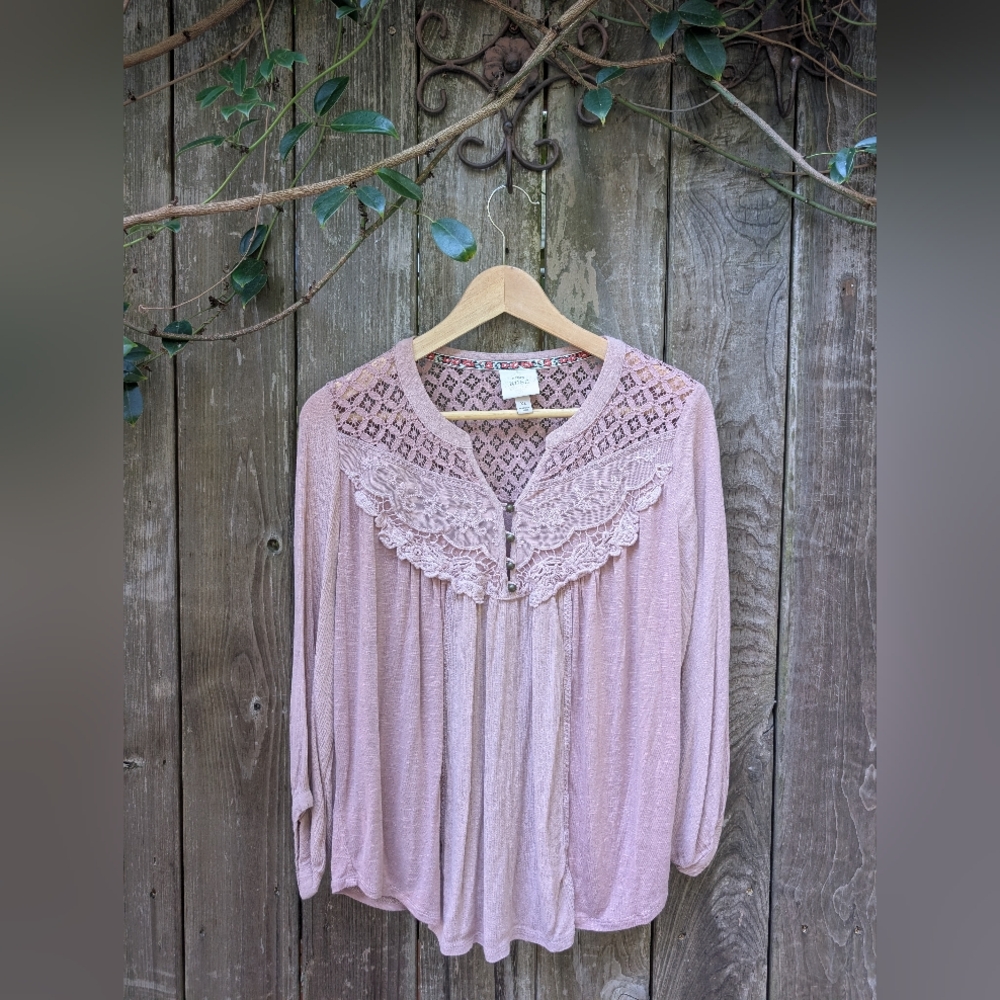 Knox Rose Womens XL Boho Peasant Top Blouse Lace Crochet Trim 3/4 Sleeve
